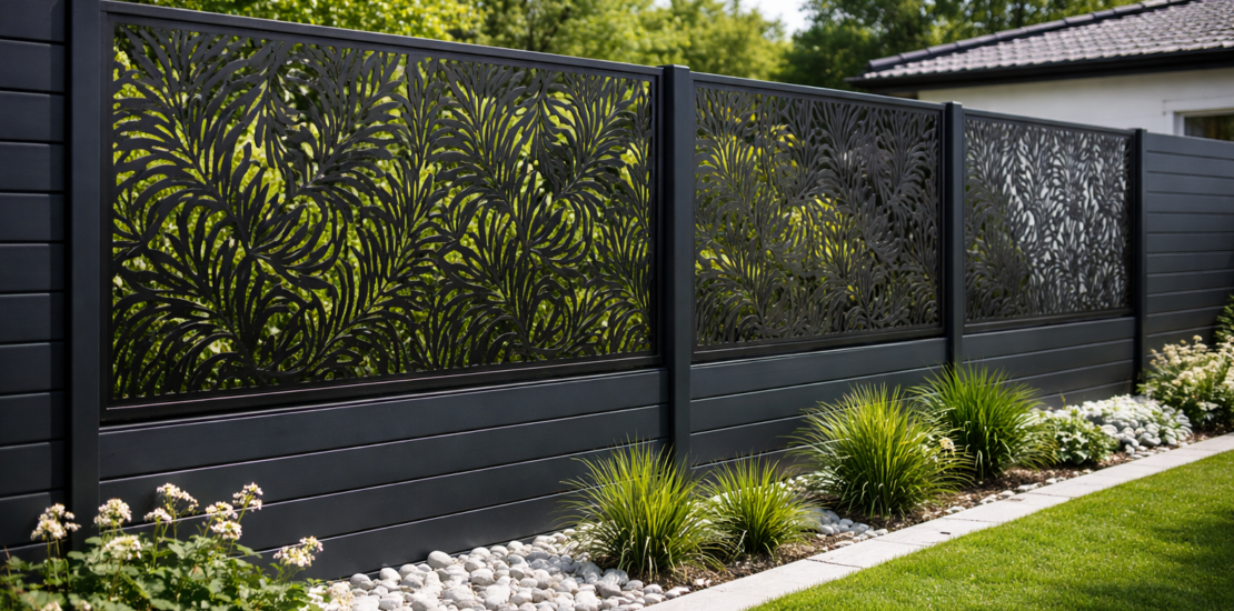 panouri gard decorative, gard metalic decorativ, panouri gard laser, tabla traforata gard, gard modern metalic, panouri gard bucuresti